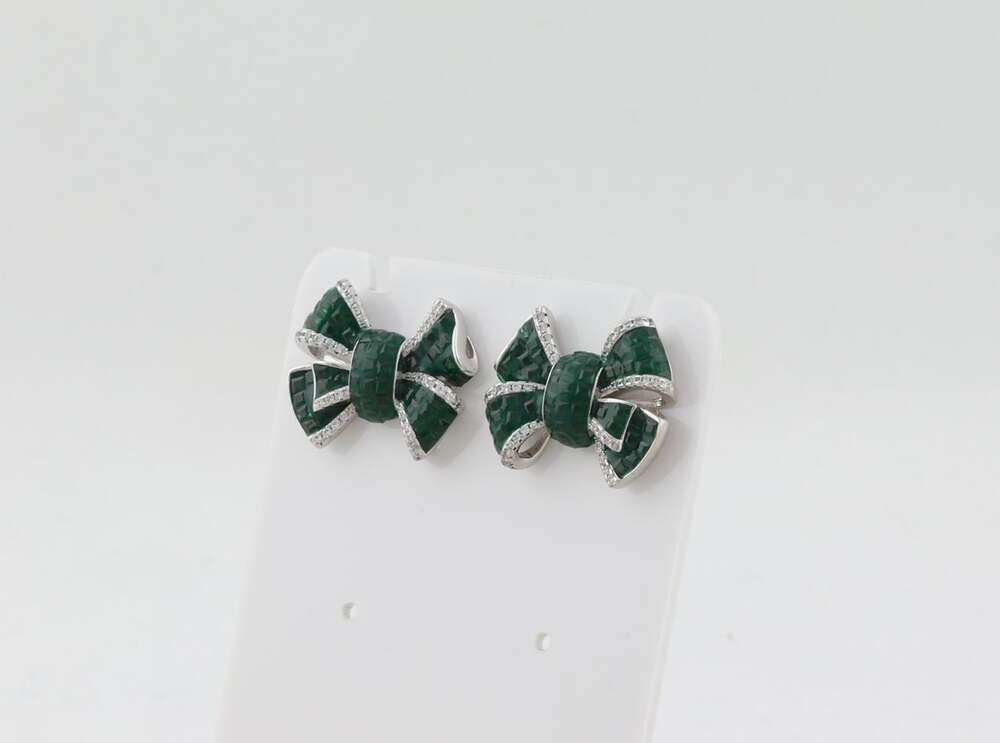 Sterling Silver Green & White Cubic Zirconia Bow Earrings 5/8" x 7/8" inch - Picture 3 of 8